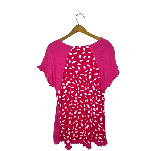 UMGEE Barbiecore Mixed Media Print Fringe Sleeve Pink Short Sleeve Tunic Blouse - Picture 5 of 8